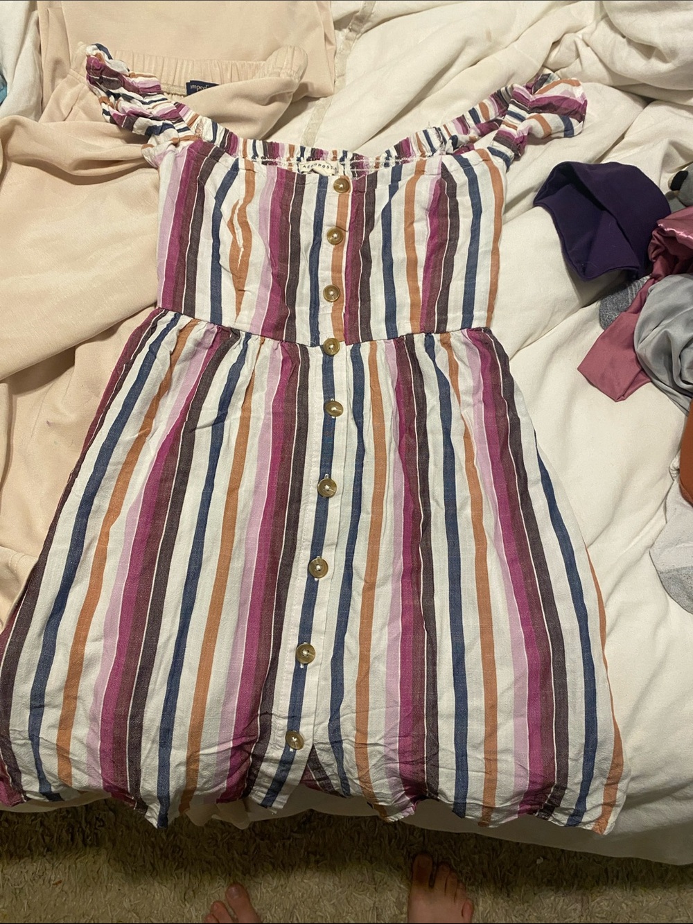 AEROPOSTALE Off-Shoulder Striped Summer Dress in Pink, Blue & Cream